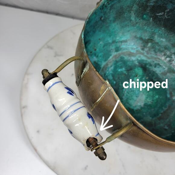 VTG Copper Coal Scuttle Ash Bucket 11" Patina Lion Head Delft Porcelain Handle - Picture 14 of 16